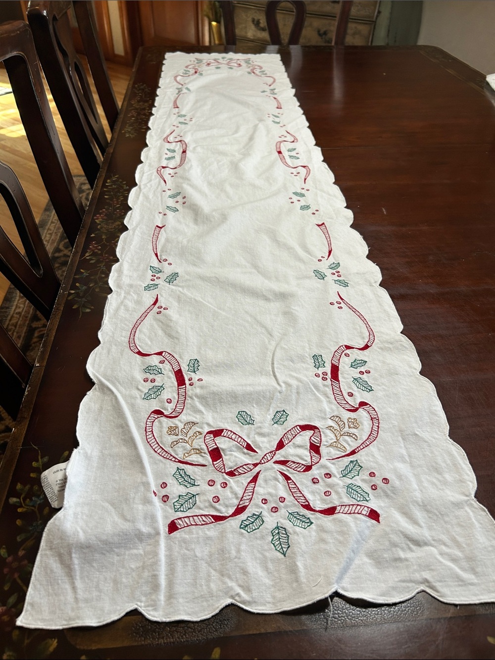 Holiday Embroidered White Table Runner with Red Ribbon and Green Holly